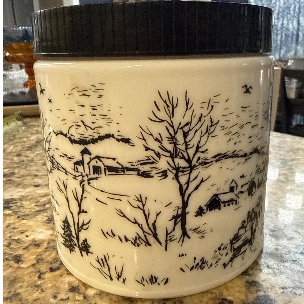 Vintage Milk Glass Canister Black Winter Barn Scene Black Lid 5in Storage Jar